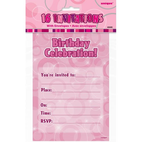 Unique Pink Birthday Party Invitations And Envelopes A Pack Of 16pcs