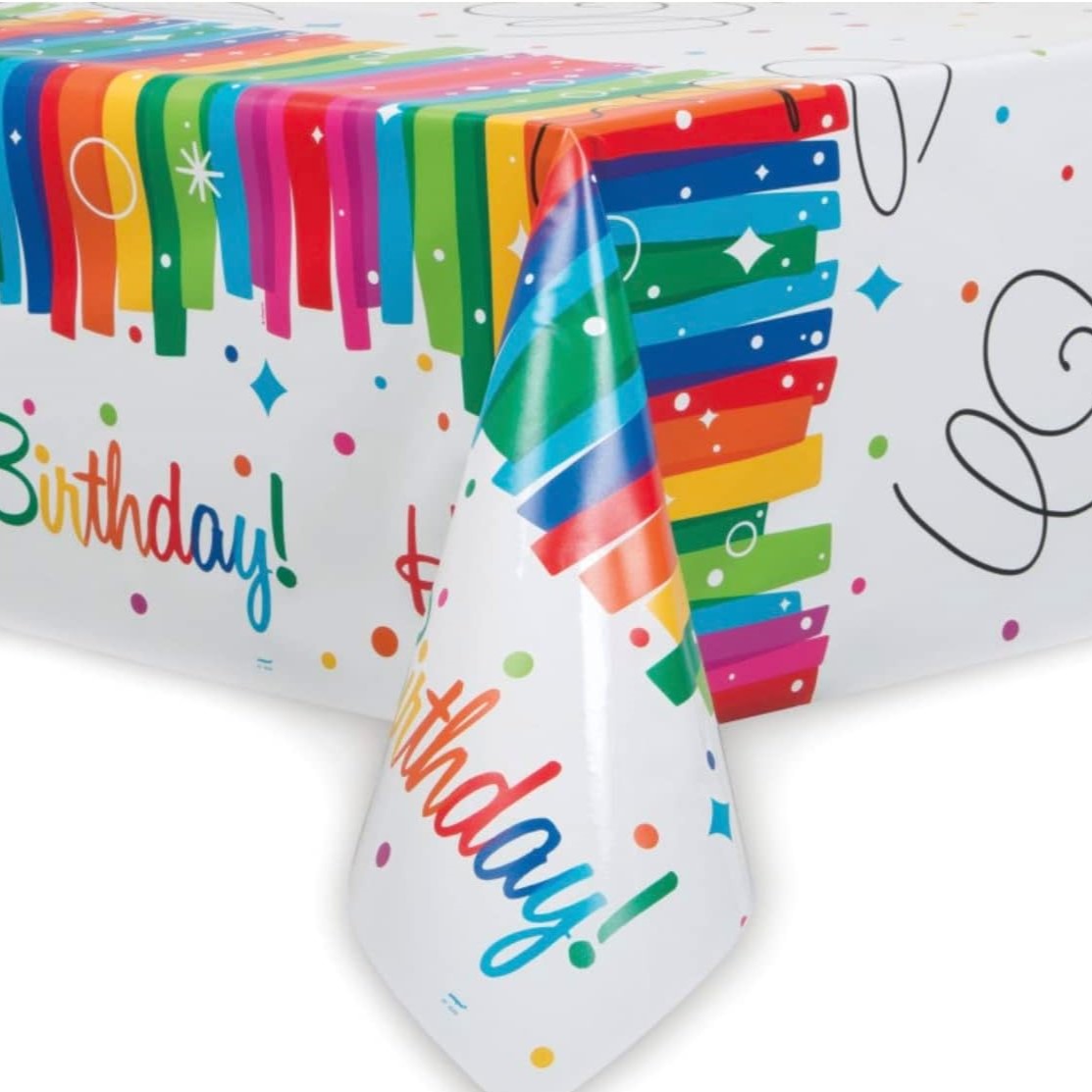 Unique Plastic Table Cover 1.37 x 2.13m - Rainbow Ribbons Birthday