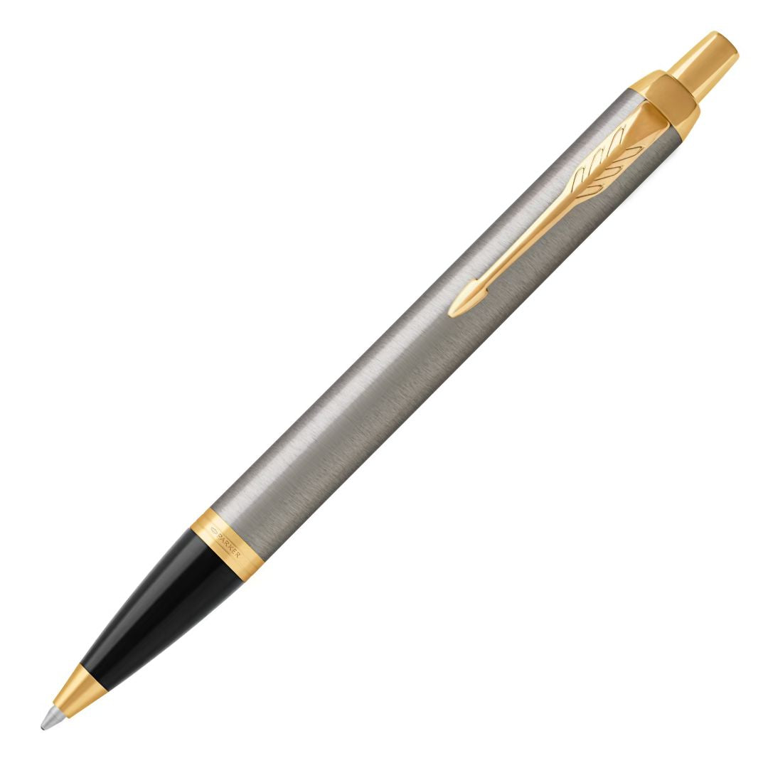 Parker IM Ballpoint Pen M Blue Ink - Brushed Metal & Gold Trim