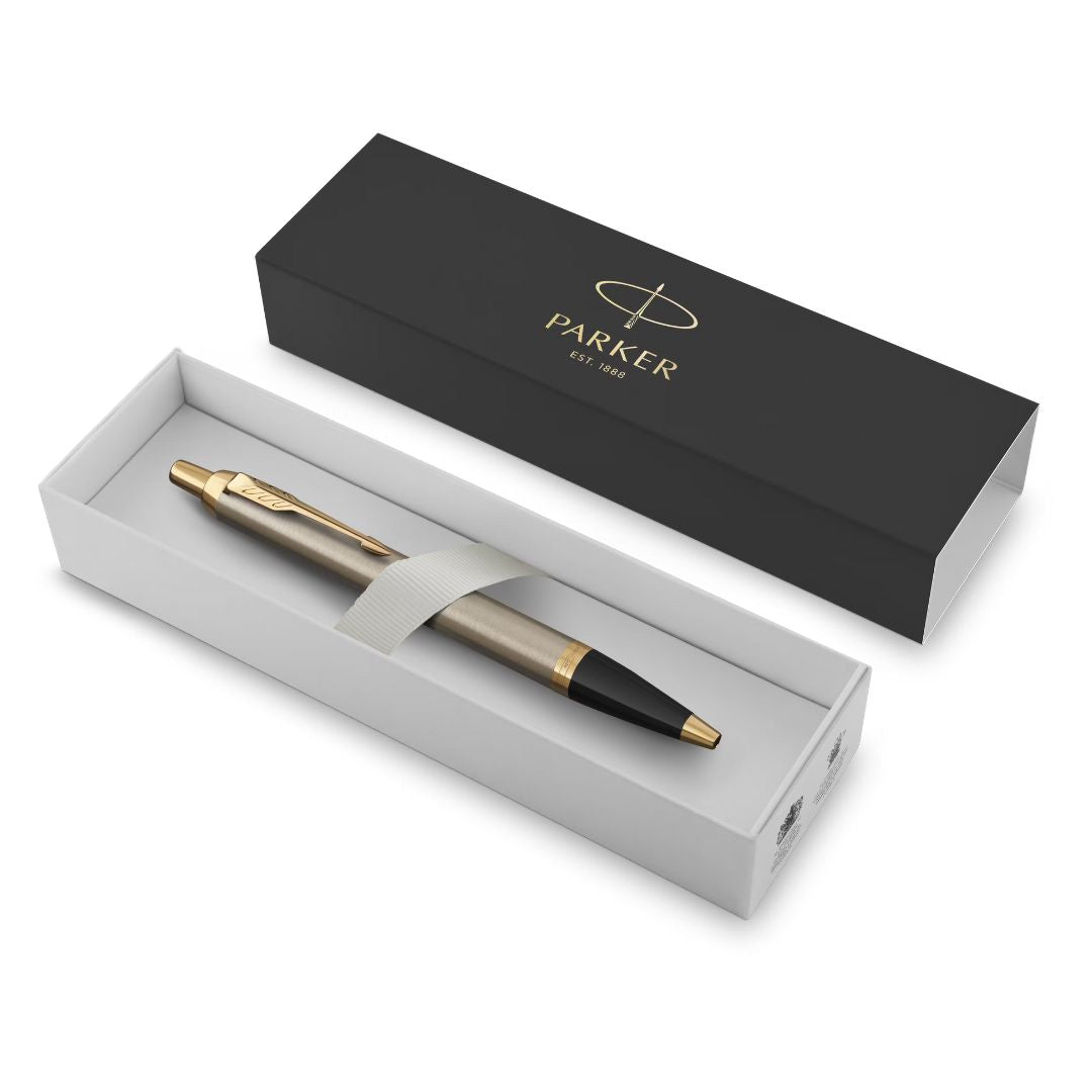 Parker IM Ballpoint Pen M Blue Ink - Brushed Metal & Gold Trim