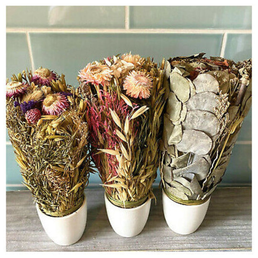 Natural Grass & Dried Flower Bouquets In White Ceramic Pots x 1pc
