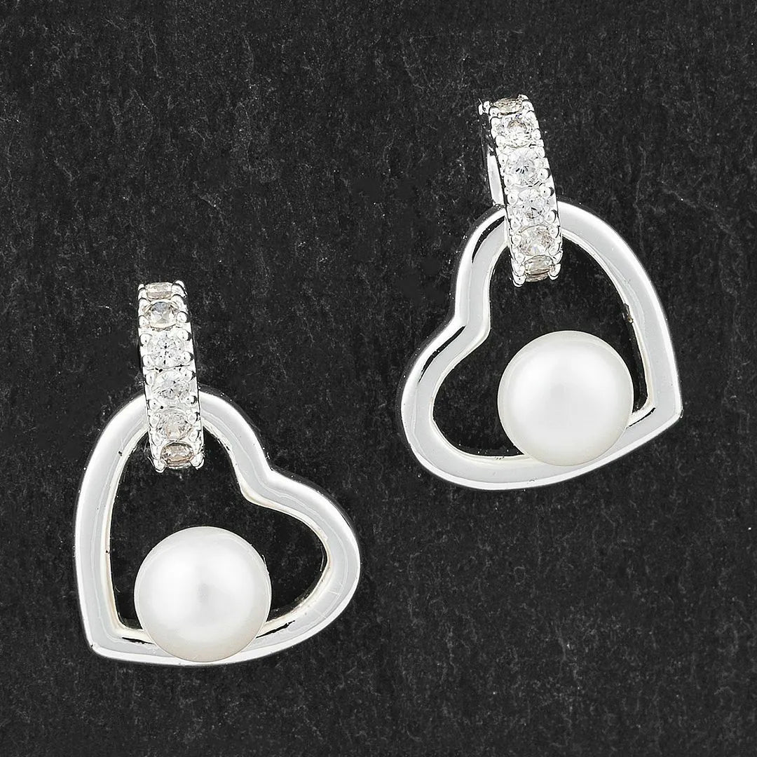 Equilibrium Silver Plated Earrings - Freshwater Pearls Framed Heart