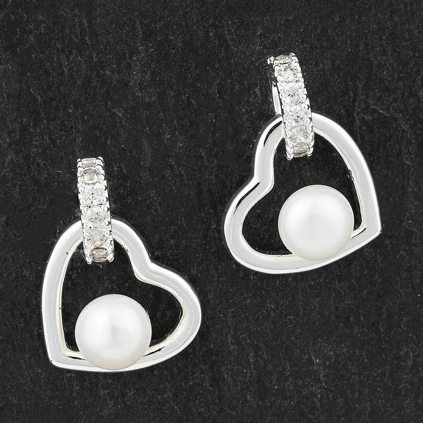 Equilibrium Silver Plated Earrings - Freshwater Pearls Framed Heart