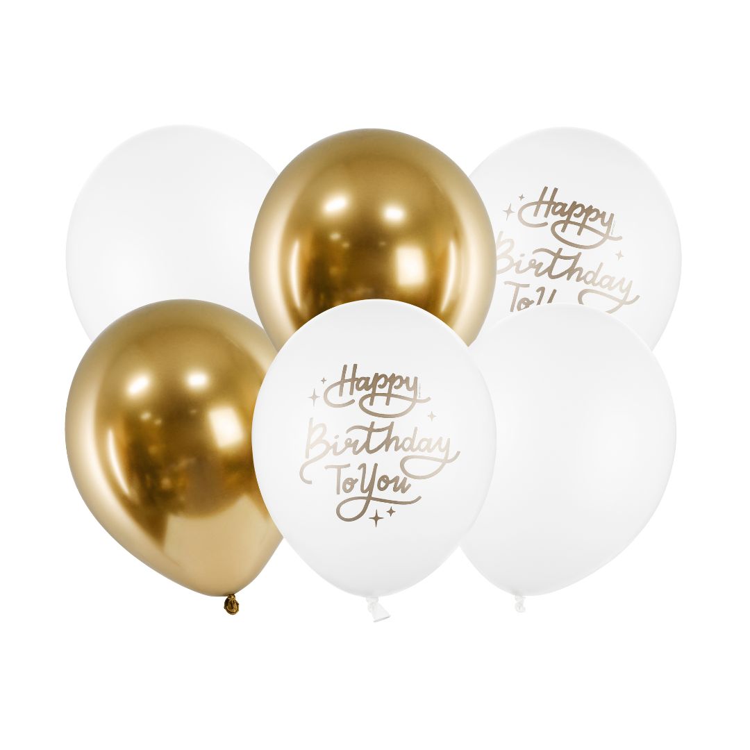 Party Deco Helium Party Balloons 30cm A Set Of 6pcs - Happy Birthday To You Gold/White