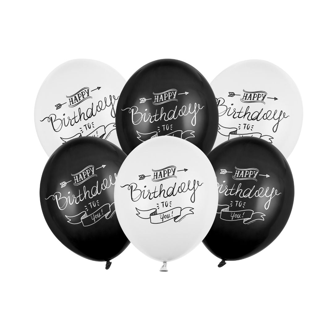 Party Deco Helium Party Balloons 30cm A Set Of 6pcs - Happy Birthday To You Black/White