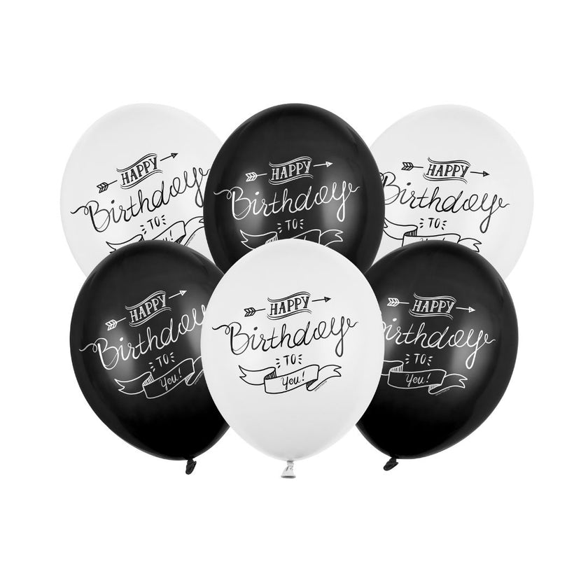 Party Deco Helium Party Balloons 30cm A Set Of 6pcs - Happy Birthday To You Black/White