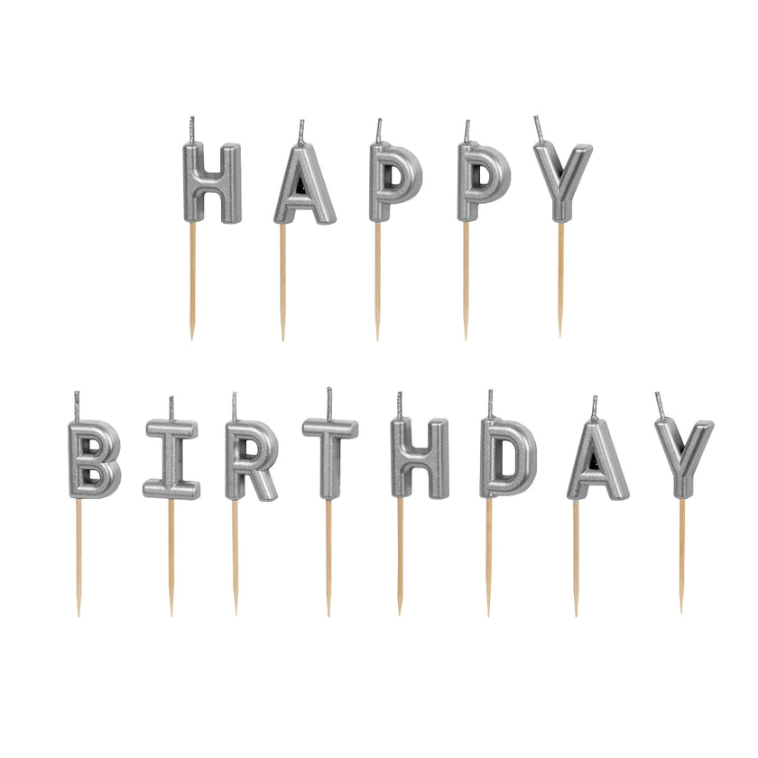 Party Deco Candles 7cm A Pack Of 13pcs - Happy Birthday Silver