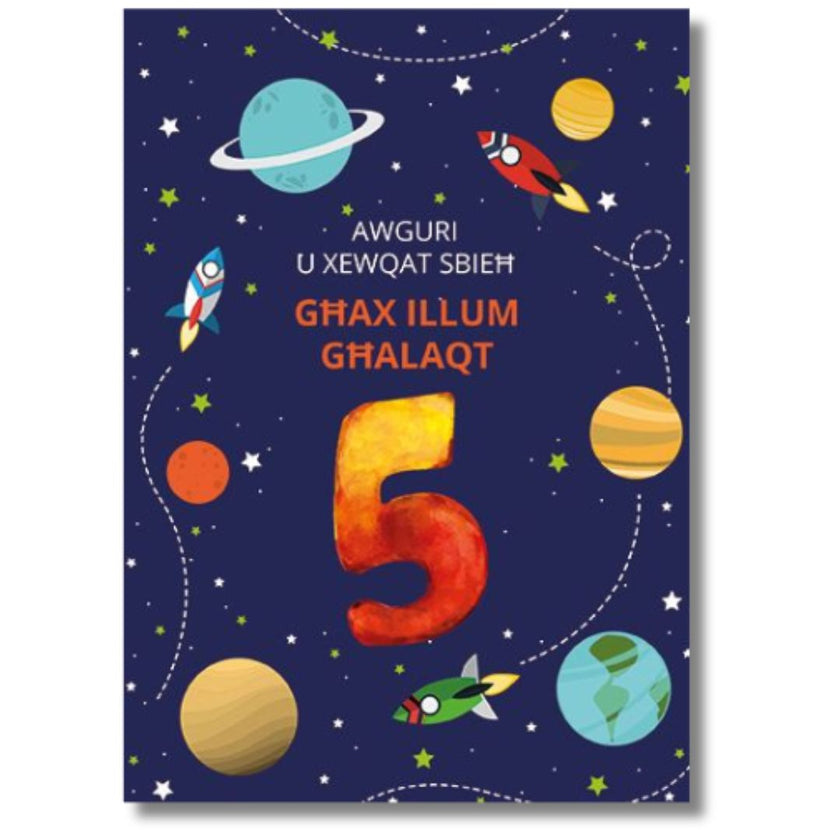Awguri u Xewqat Sbieh Ghax Illum Ghalaqt 5' Birthday Card
