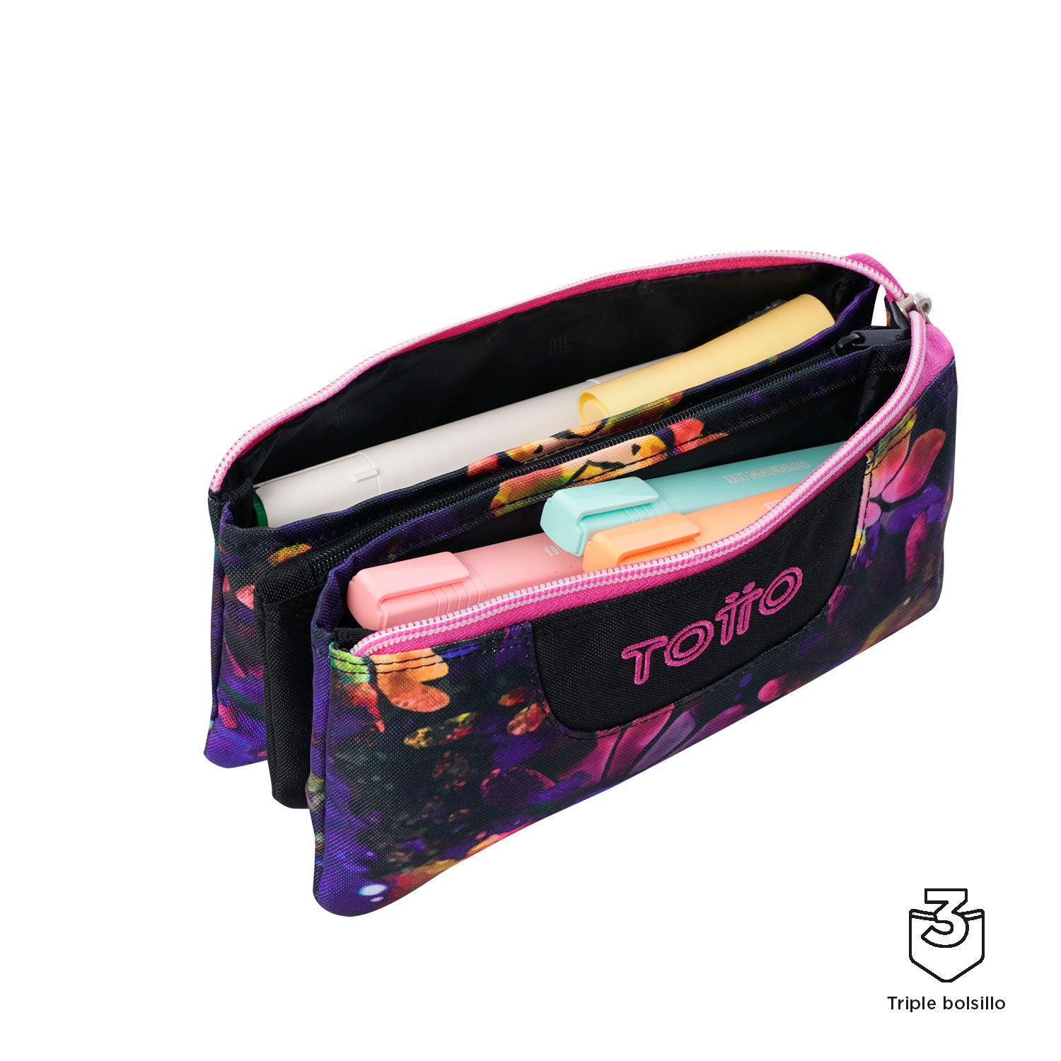 Totto 3 Compartments Pencil Case 22 x 11 x 3.5cm - Flower Galaxy