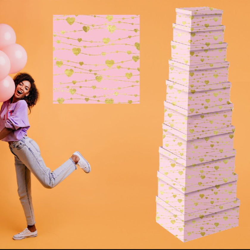 Mood Gift Box Pink With Golden Hearts - 16 x 34.5 x 26.5cm