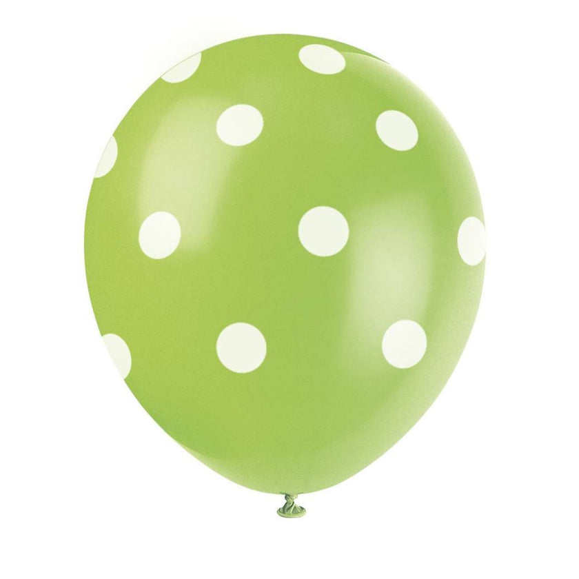 Unique 12'' Latex Balloons x6pcs - White Dots on Green