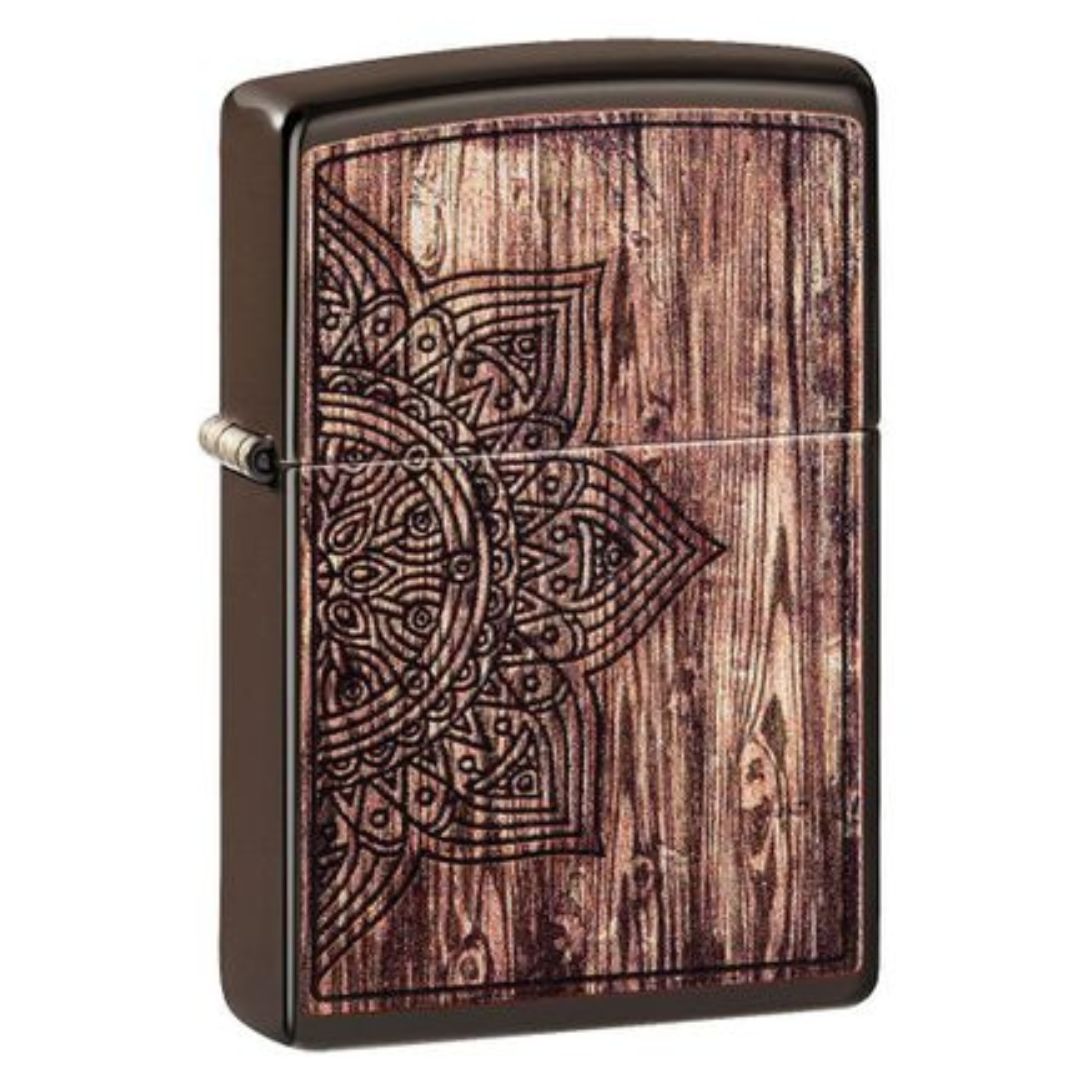 Zippo Brown Matte Wood Mandala Design