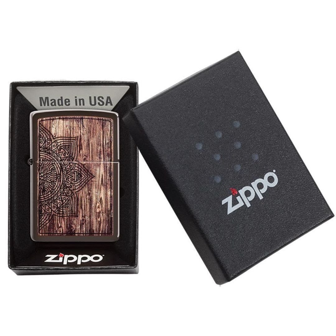 Zippo Brown Matte Wood Mandala Design
