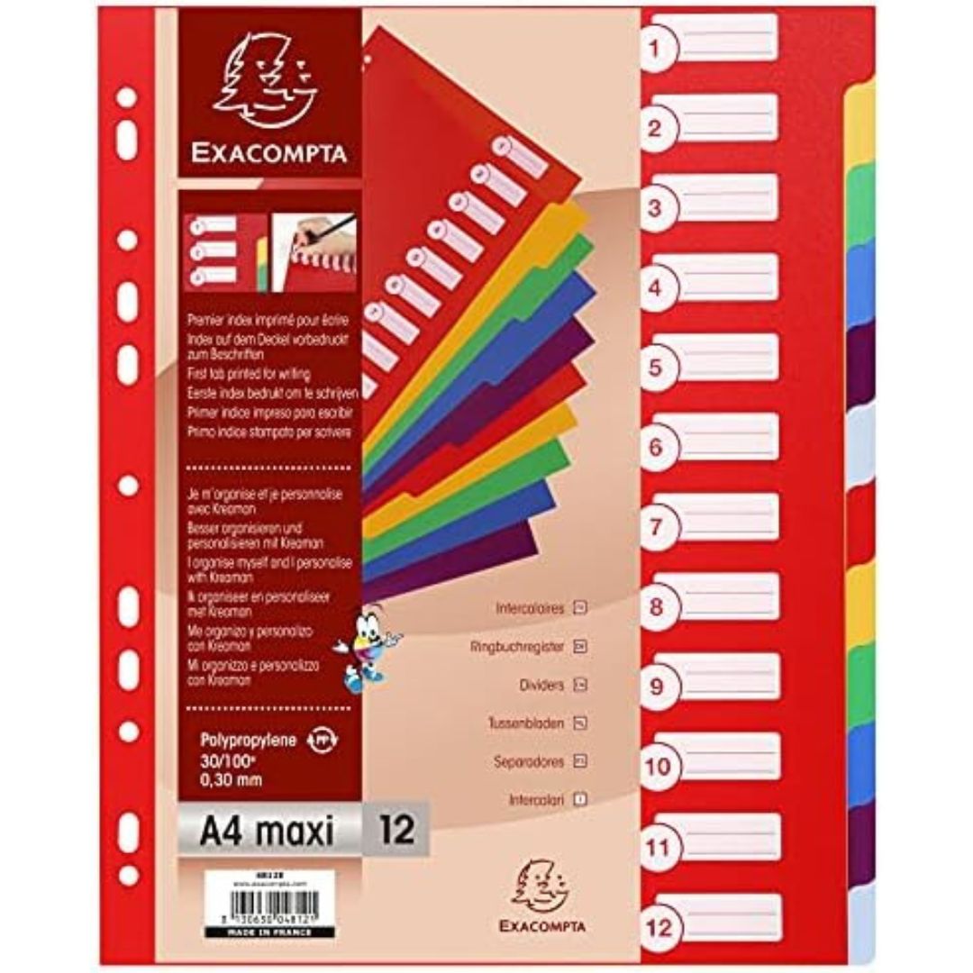 Exacompta Dividers 12pc Assorted Colours Plastic
