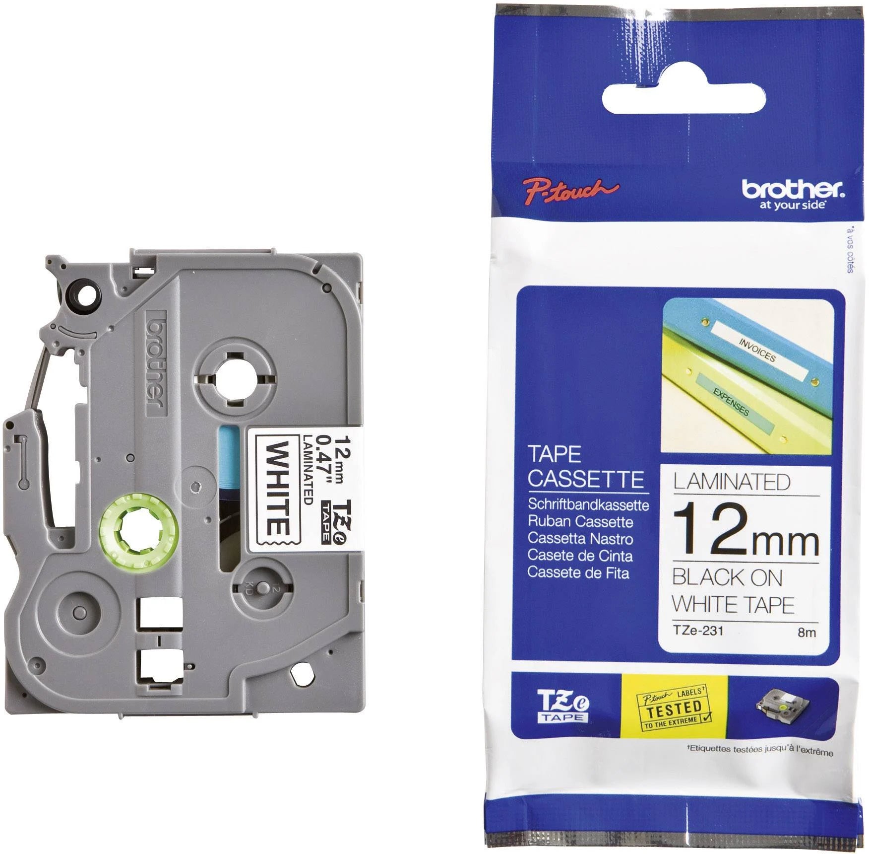 Brother Laminated Tape Cassette - 12mm Black On White Tape 8m