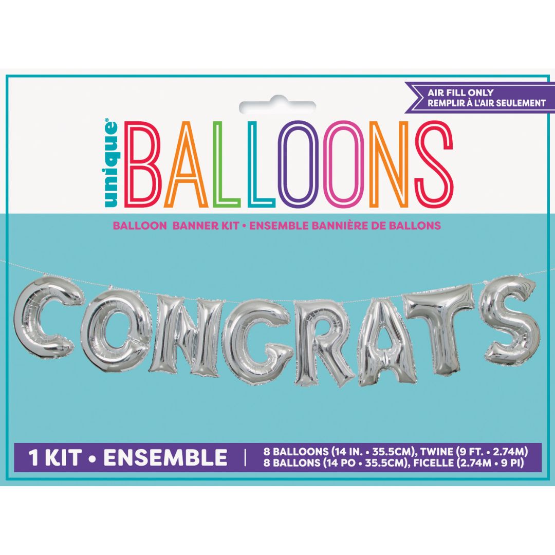 Unique Congrats Balloon Banner Kit Silver Air Fill Only