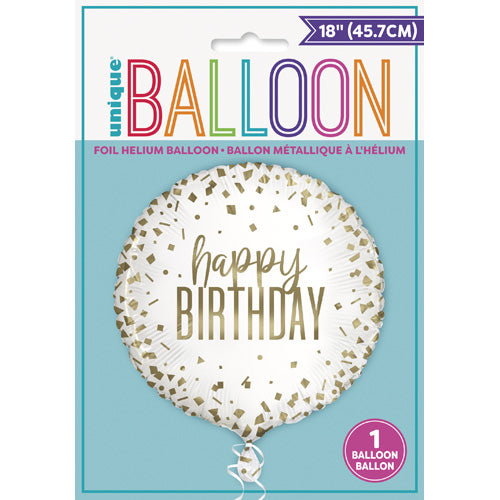 Unique Foil Helium Balloon 45.7cm - Happy Birthday White/Gold