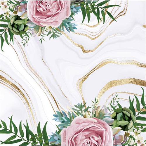 Daisy Napkins 33 x 33cm A Pack Of 20pcs - Pink Roses On Grey & Gold Marble