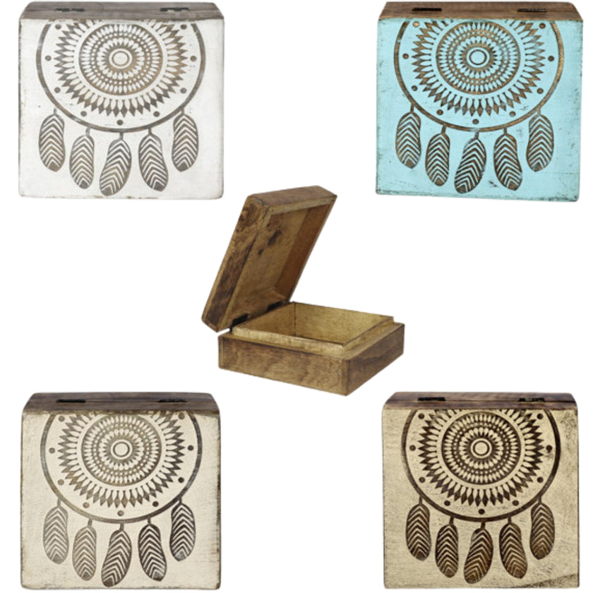 Carla World Carved Wooden Box 8 x 17 x 17cm - Dreamcatcher x 1pc Assortment
