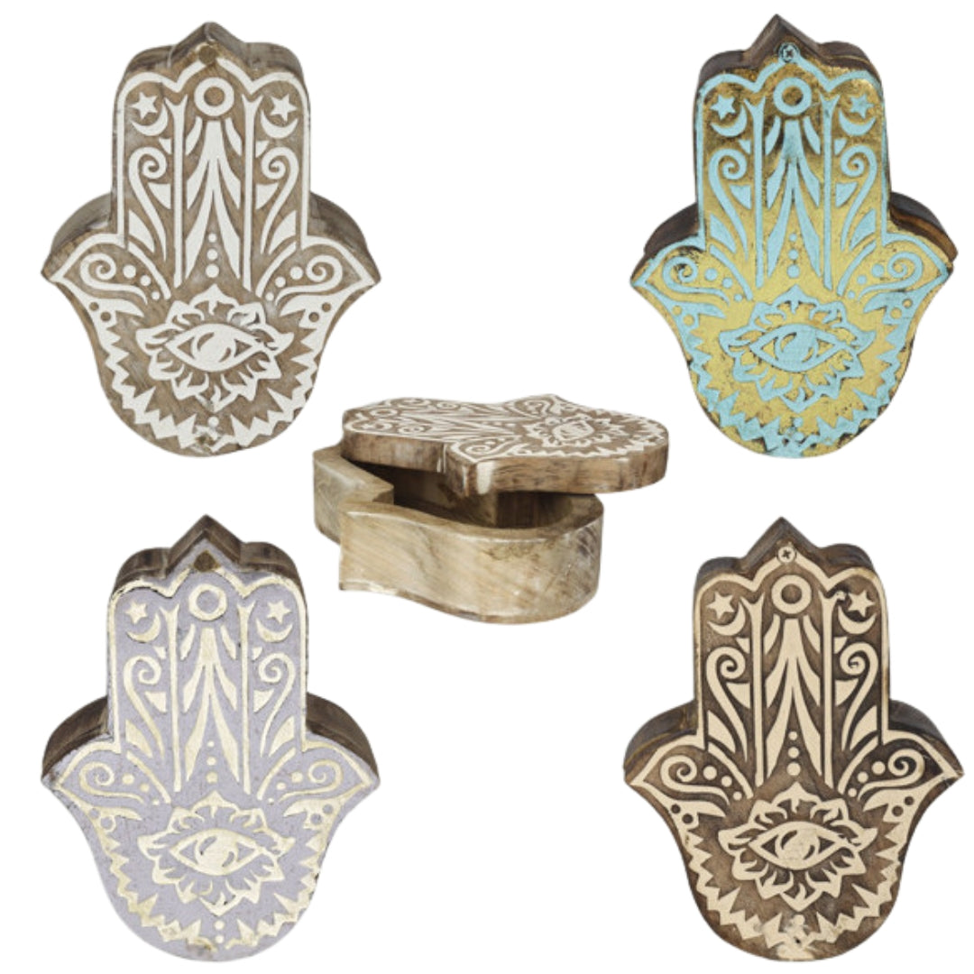 Carla World Carved Wooden Box 5 x 19 x 15cm - Hamsa Hand x 1pc Assortment