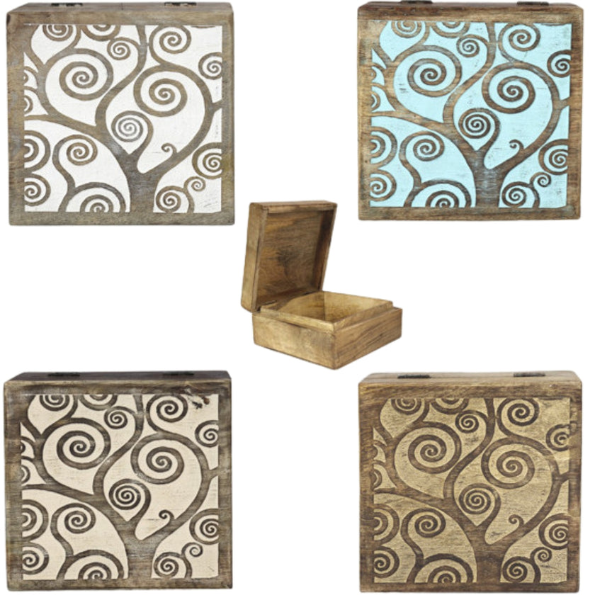 Carla World Carved Wooden Box 8 x 17 x 17cm - Spiral Tree x 1pc Assortment