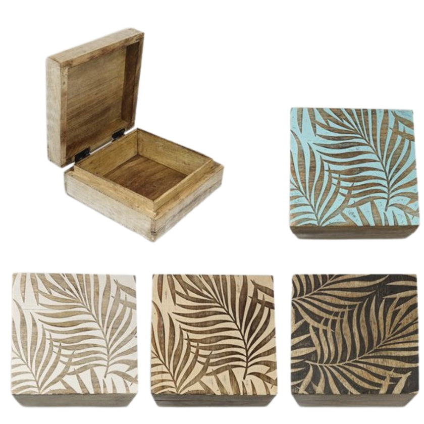 Carla World Carved Wooden Box 8 x 17 x 17cm - Leaves x 1pc Assortment
