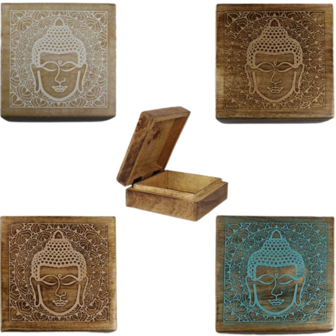Carla World Carved Wooden Box 8 x 17 x 17cm - Buddha Head x 1pc Assortment