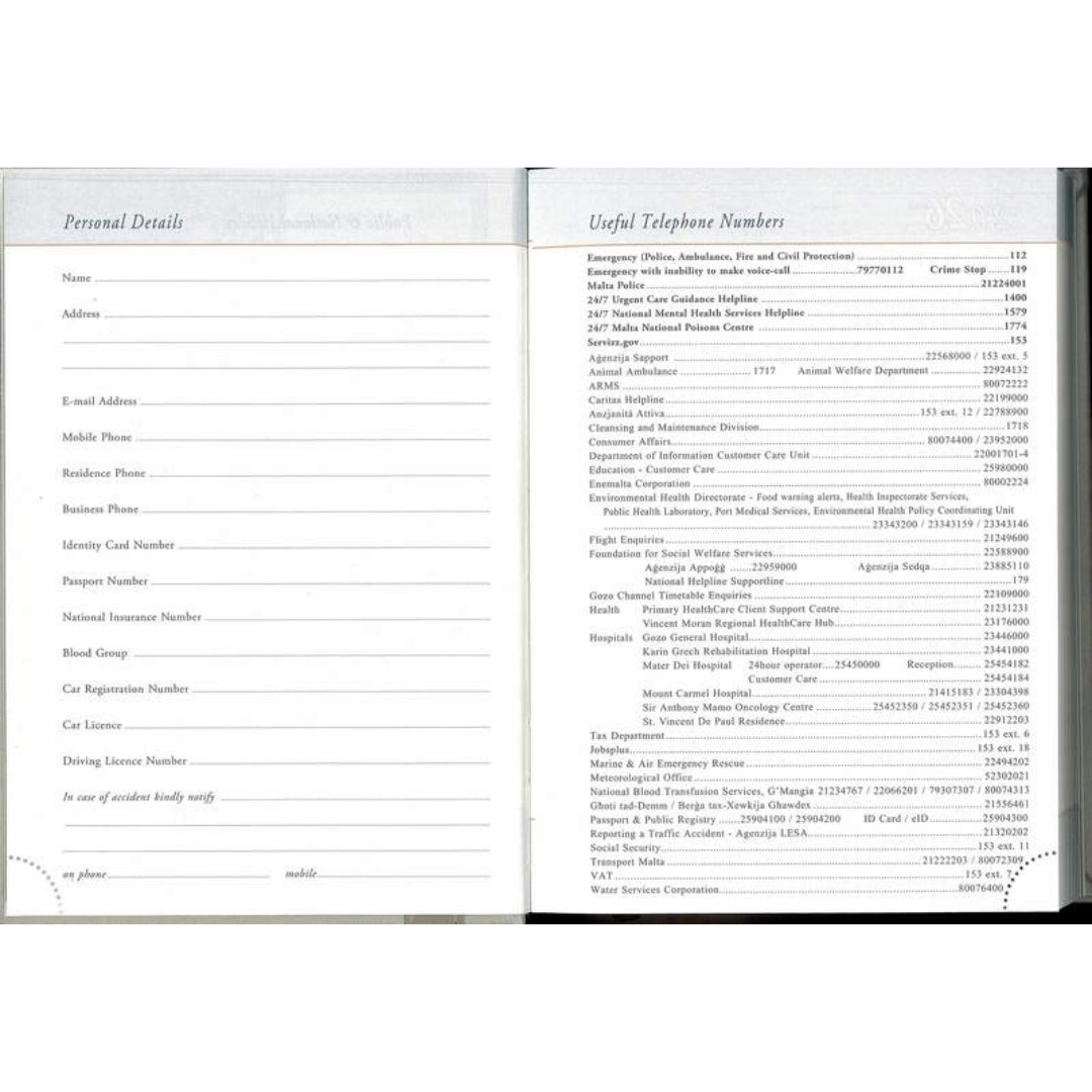 A5 Hardback Maltese Diary Day Per Page 2026 x 1pc Assortment