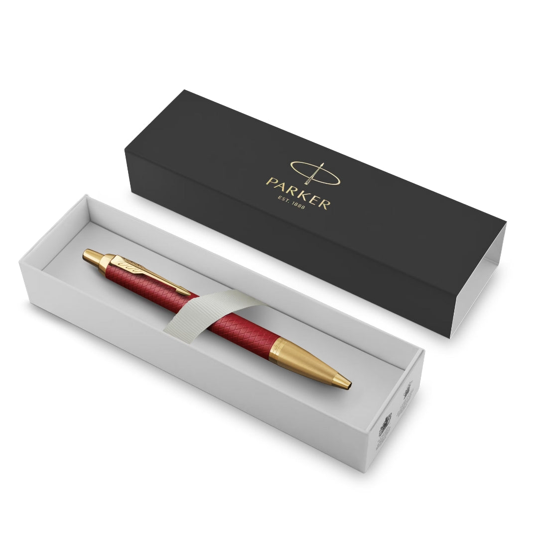 Parker IM Premium Ballpoint Pen M Blue Ink - Premium Red Lacquer & Gold Trim