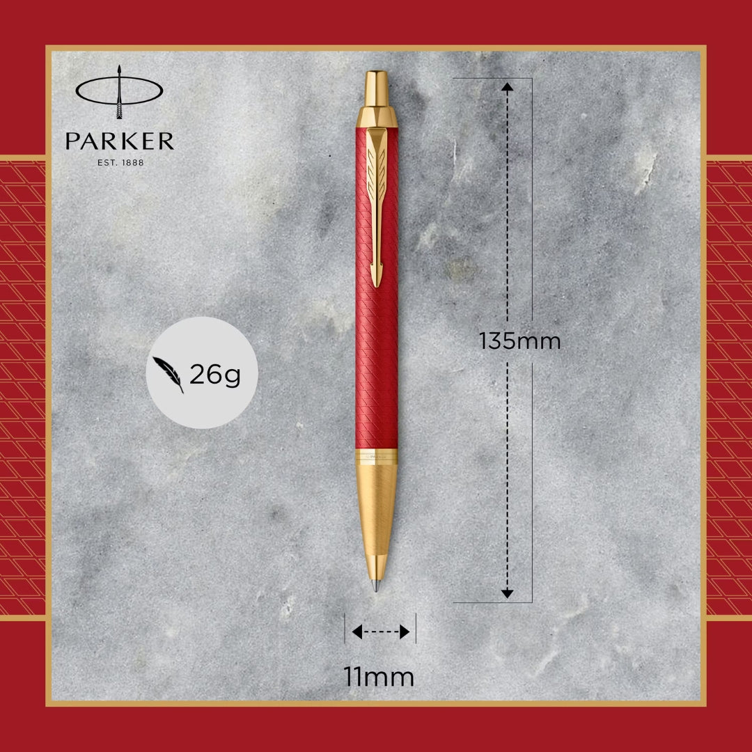 Parker IM Premium Ballpoint Pen M Blue Ink - Premium Red Lacquer & Gold Trim
