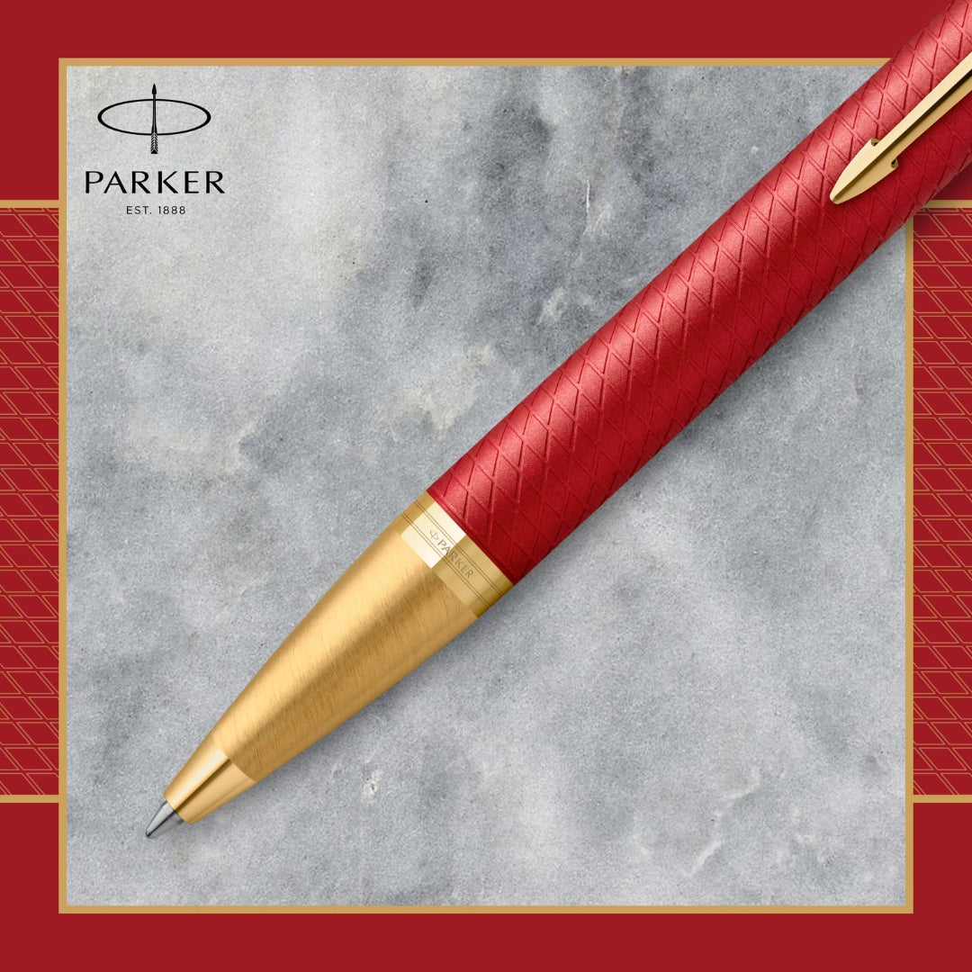 Parker IM Premium Ballpoint Pen M Blue Ink - Premium Red Lacquer & Gold Trim