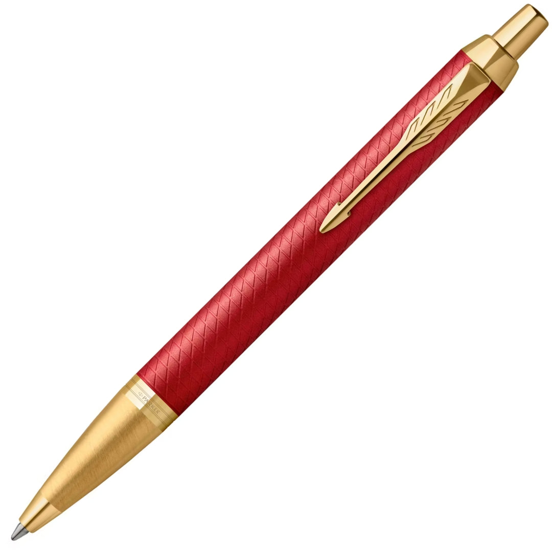 Parker IM Premium Ballpoint Pen M Blue Ink - Premium Red Lacquer & Gold Trim