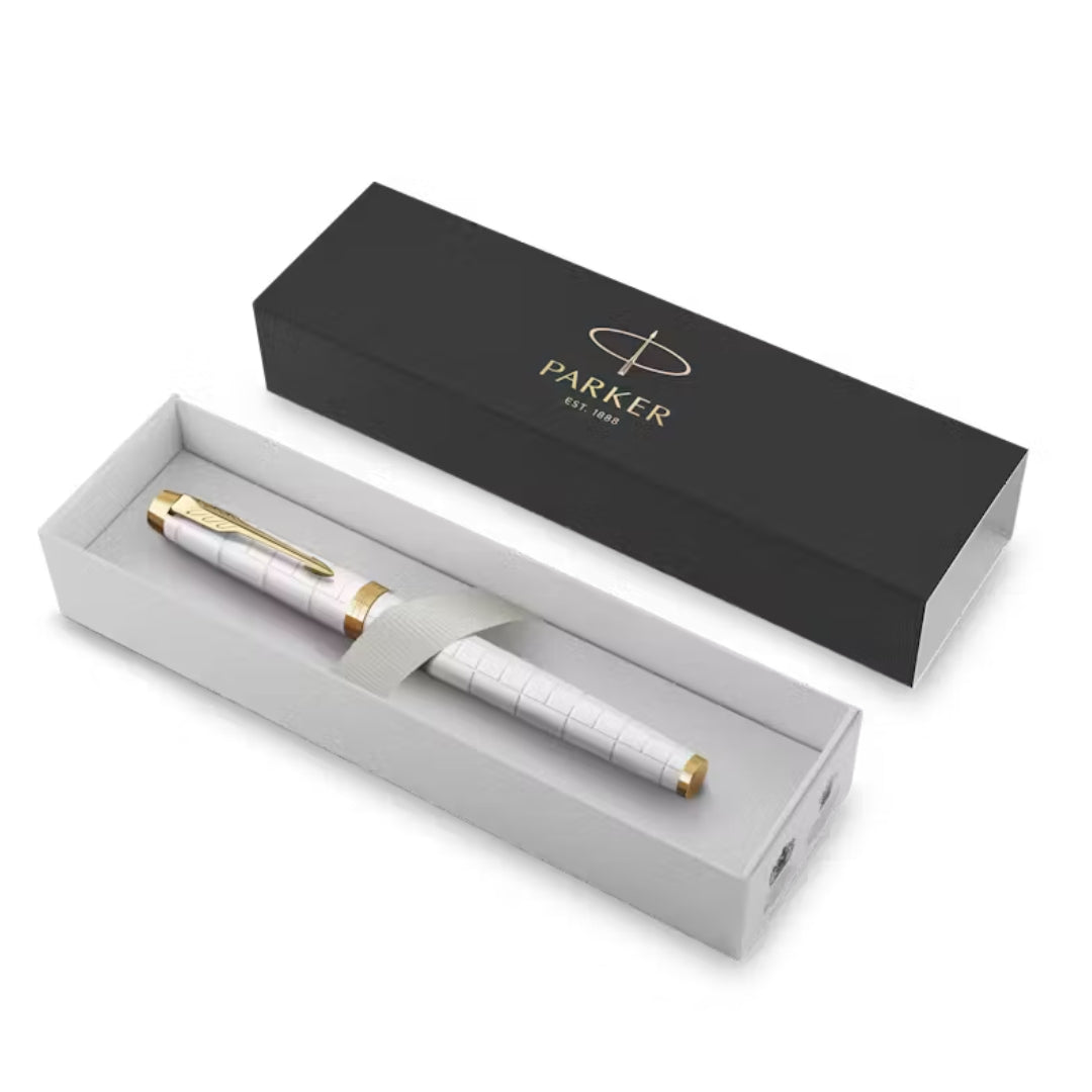 Parker IM Premium Rollerball Pen F Black Ink - Premium Pearl Lacquer & Gold Trim