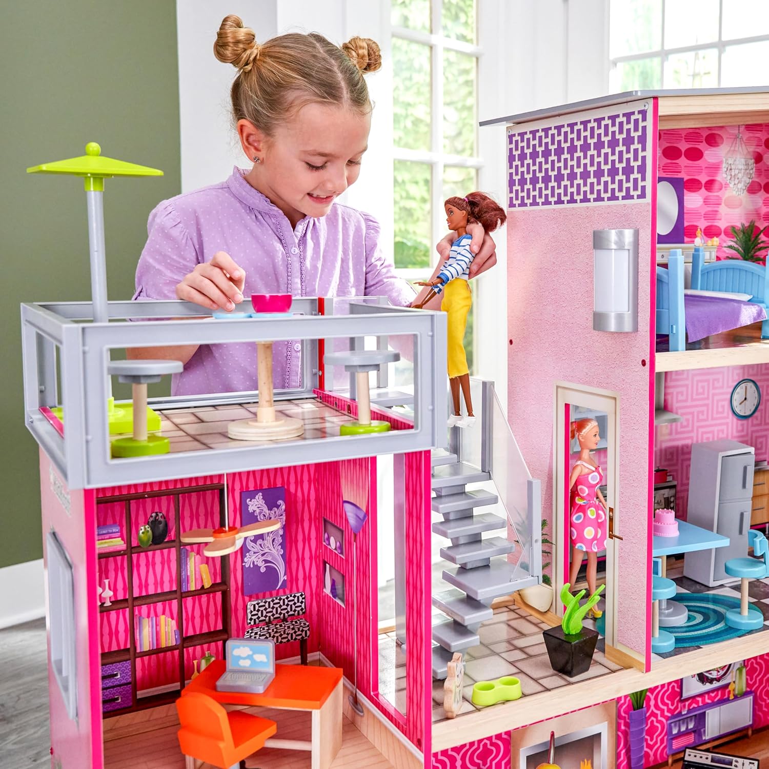 Wooden Uptown Dollhouse With Furniture And Accessories Included