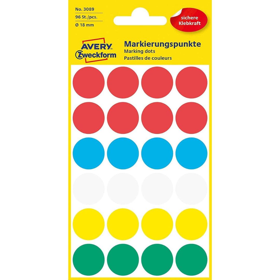 Avery Marking Dots Stickers 18 mm A Pack Of 96pcs Various Colours