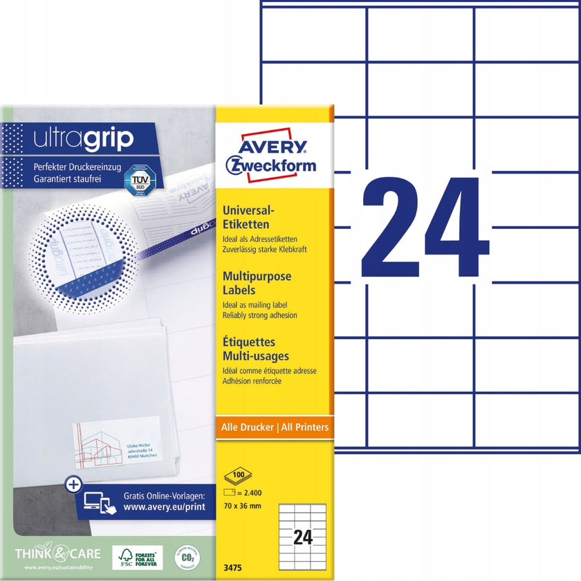 A4 Avery-Zweckform Multipurpose Labels A Pack Of 100 Sheets - 3475 / 70 x 36mm - 2400 Labels