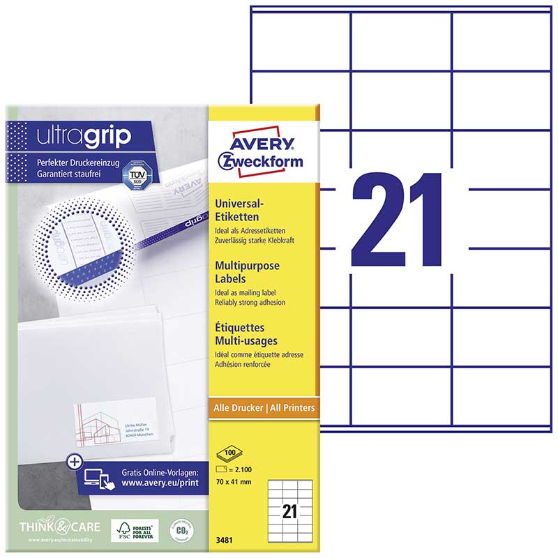 A4 Avery Heavy Duty White Labels x21 (3481) 70x41mm