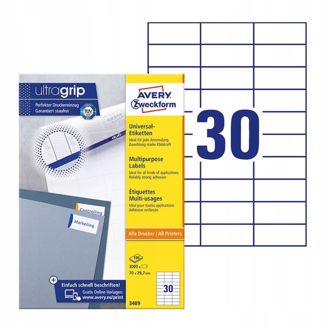 A4 Avery-Zweckform Multipurpose Labels A Pack Of 100 Sheets - 3489 / 70 x 29.7mm - 3000 Labels