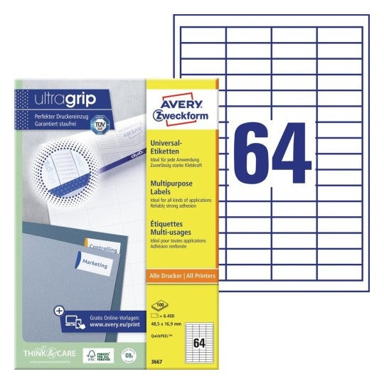 A4 Avery Multipurpose Labels 64 N 3667 x 1 Sheet