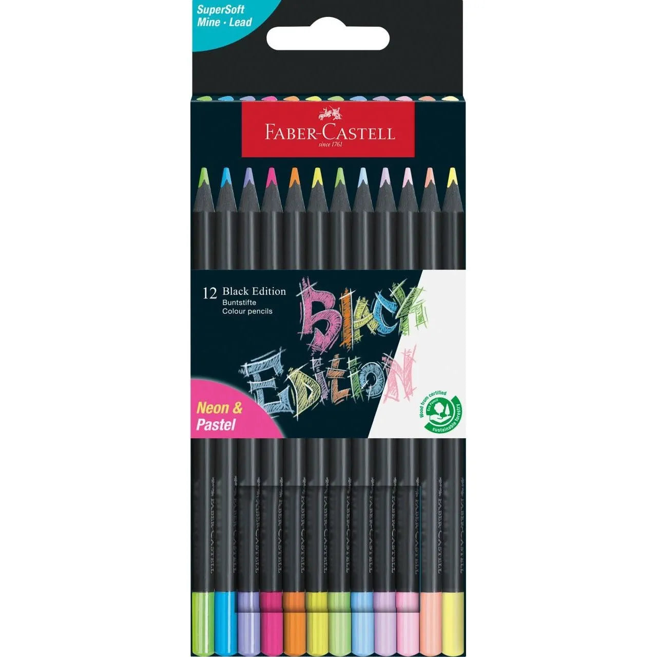 Faber-Castell Black Edition Neon & Pastel Colour Pencils A Set Of 12pcs