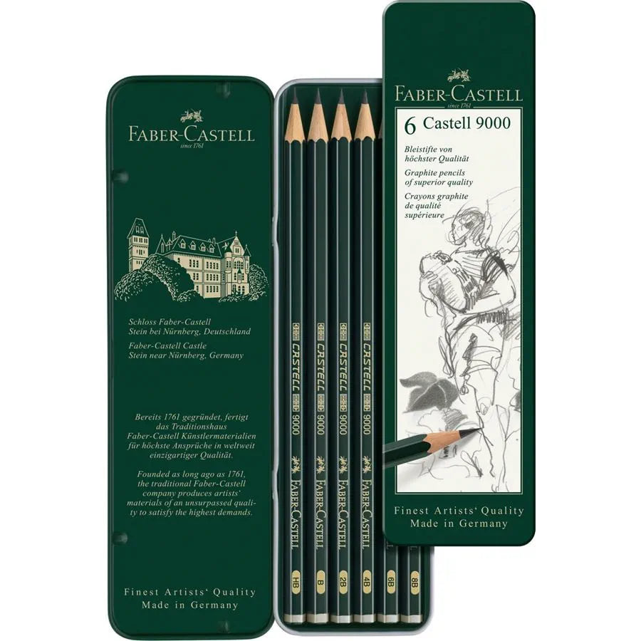 Faber-Castell Castell 9000 Graphite Pencils A Tin Of 6pcs