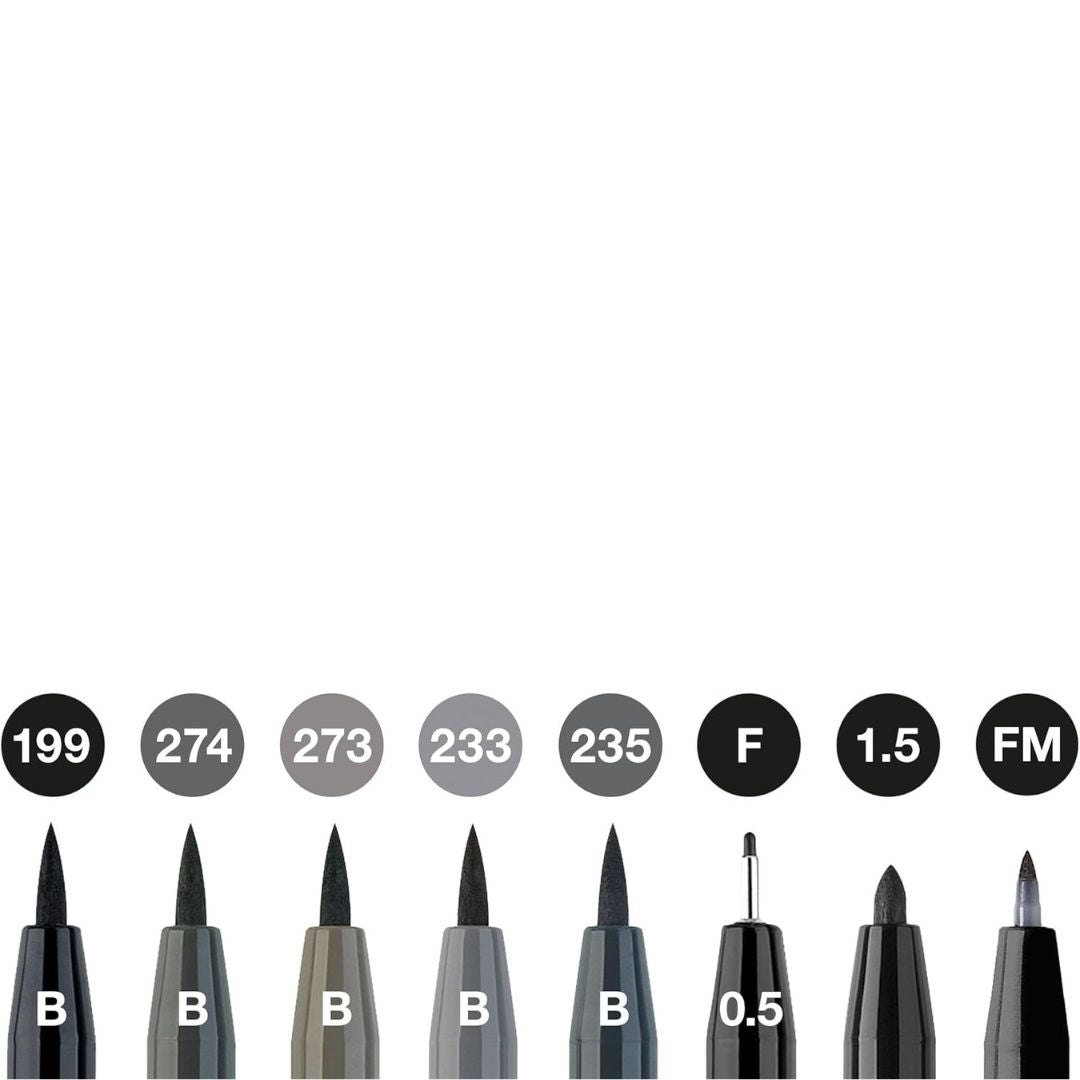 Faber-Castell Pitt Artist Pen Brush India Ink Pen A Pack Of 8pcs - Black & Grey