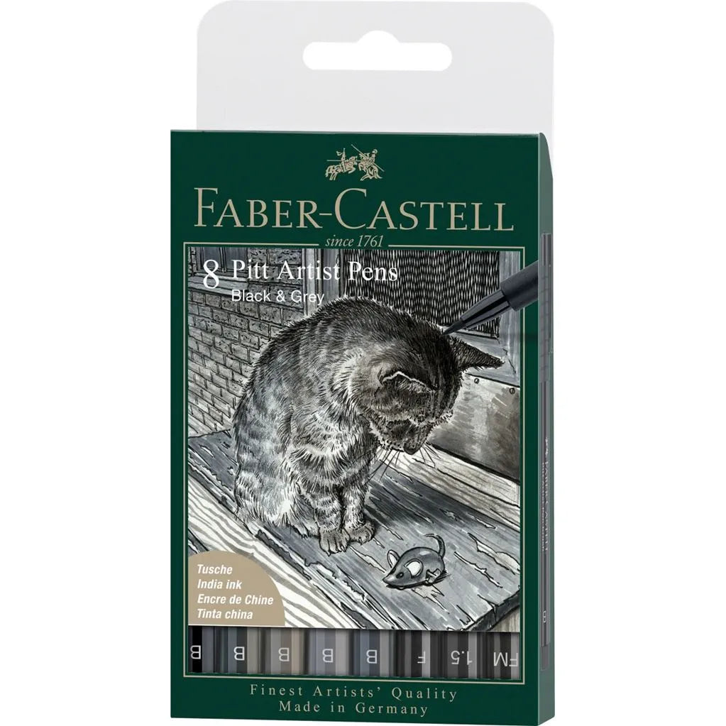 Faber-Castell Pitt Artist Pen Brush India Ink Pen A Pack Of 8pcs - Black & Grey