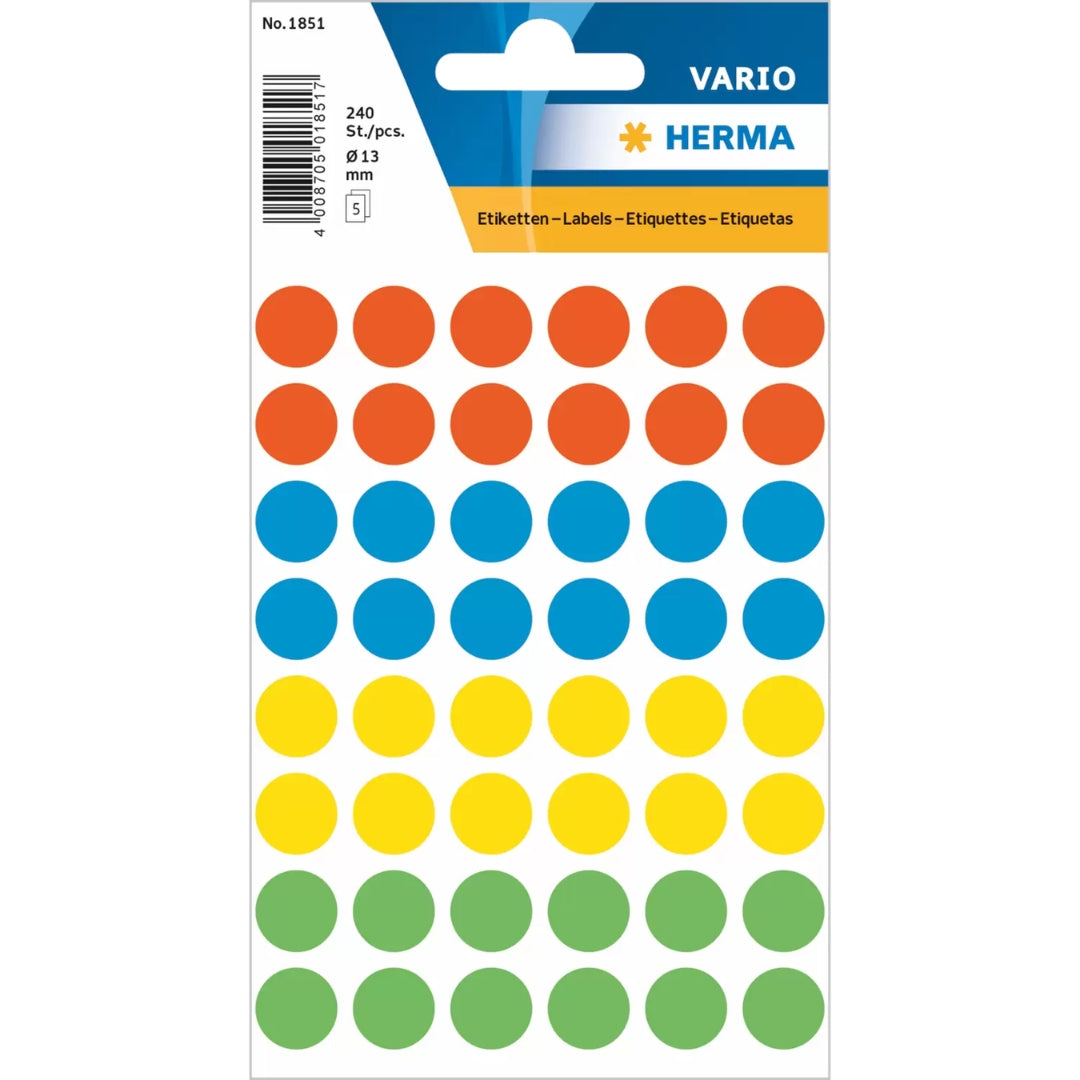 Herma Stickers A Pack Of 5 Sheets - Multipurpose Labels 13mm Multicolour