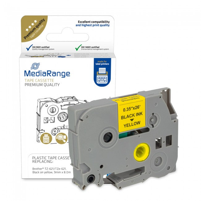 Media Range Plastic Tape Cassette 9mm Black on Yellow