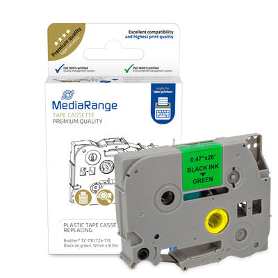 Media Range Plastic Tape Cassette 12mm Black on Green