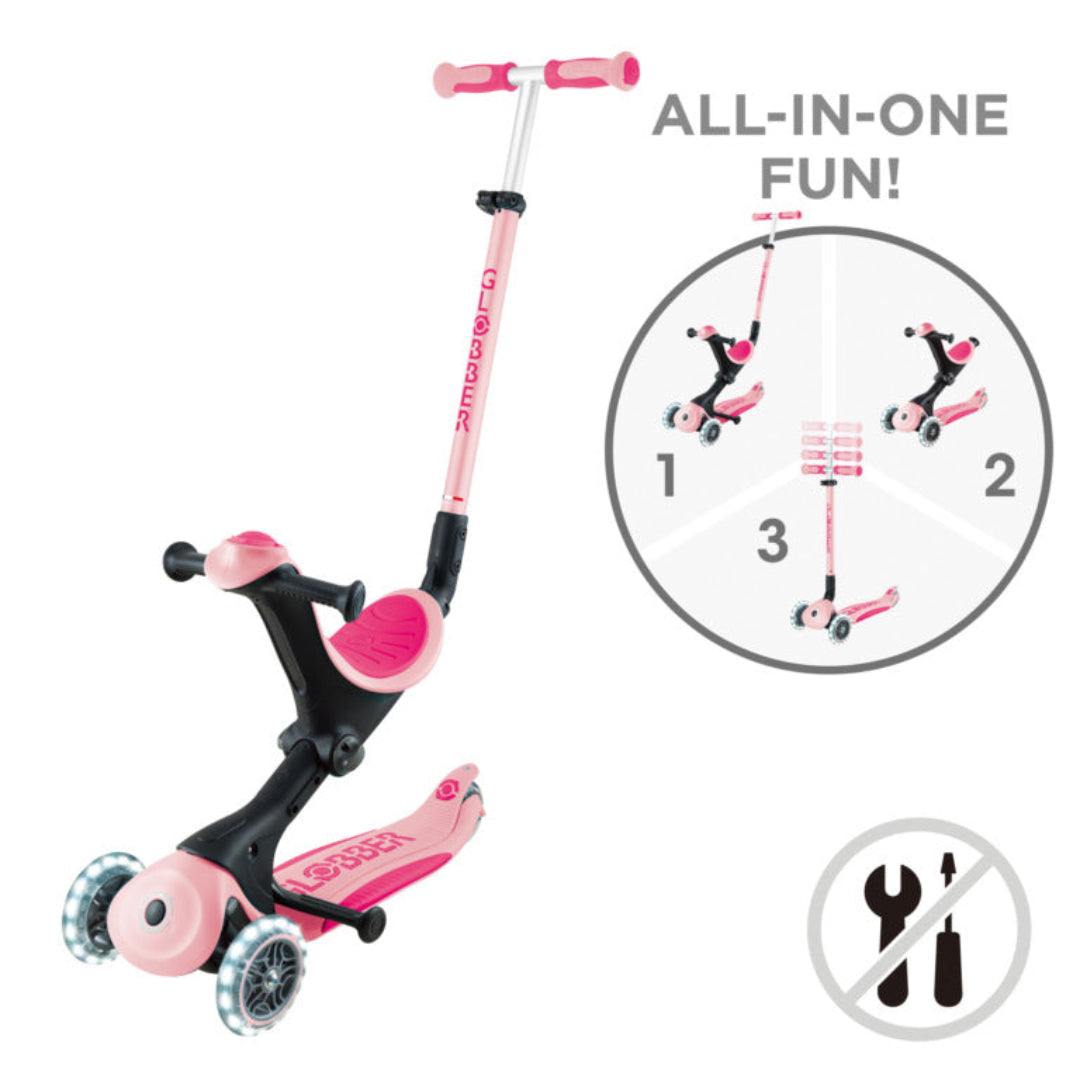 Globber Go-Up Deluxe Lights 3 In 1 Max 50kg - Pastel Pink