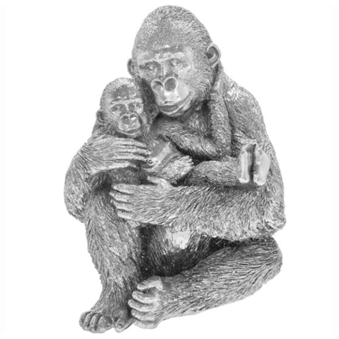 Sitting Gorilla With Baby Silver 17 x 12 x 23cm