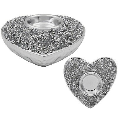 Heart Shaped Silver Diamante Sparkle Tea Light Candle Holder