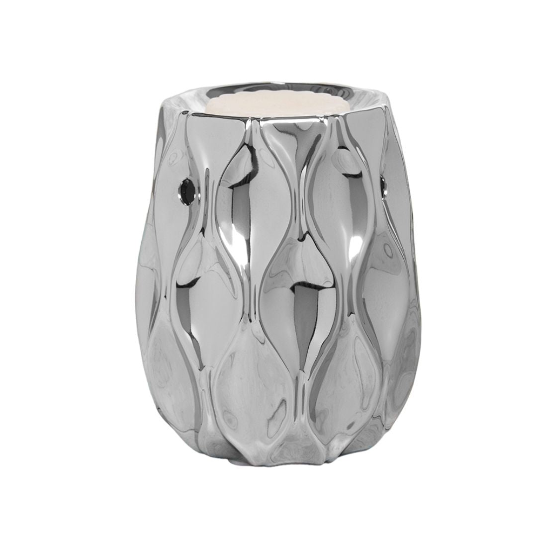 L & P Geometric Silver Glass Wax/Oil Tea Light Burner 14x12cm